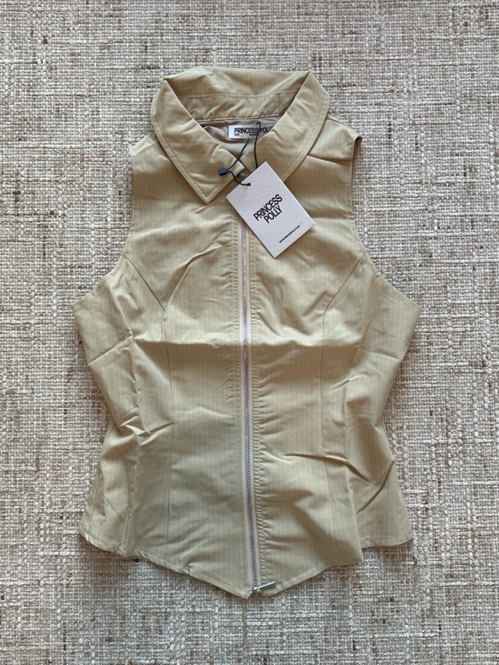 Princess Polly Sleeveless Zip-Front Collared Top in Beige